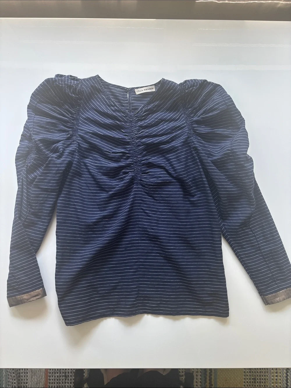 Ulla Johnson Navy Striped Puff-Sleeve Blouse - With Tag from Barneys